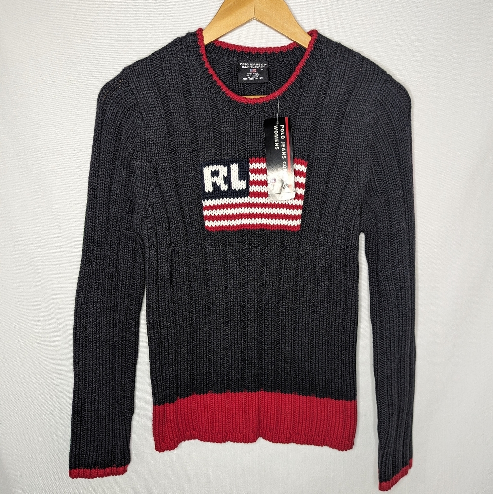 Polo Ralph Lauren 2001 Vintage NEW Cable Knit Iconic RL Flag Sweater Sz Medium